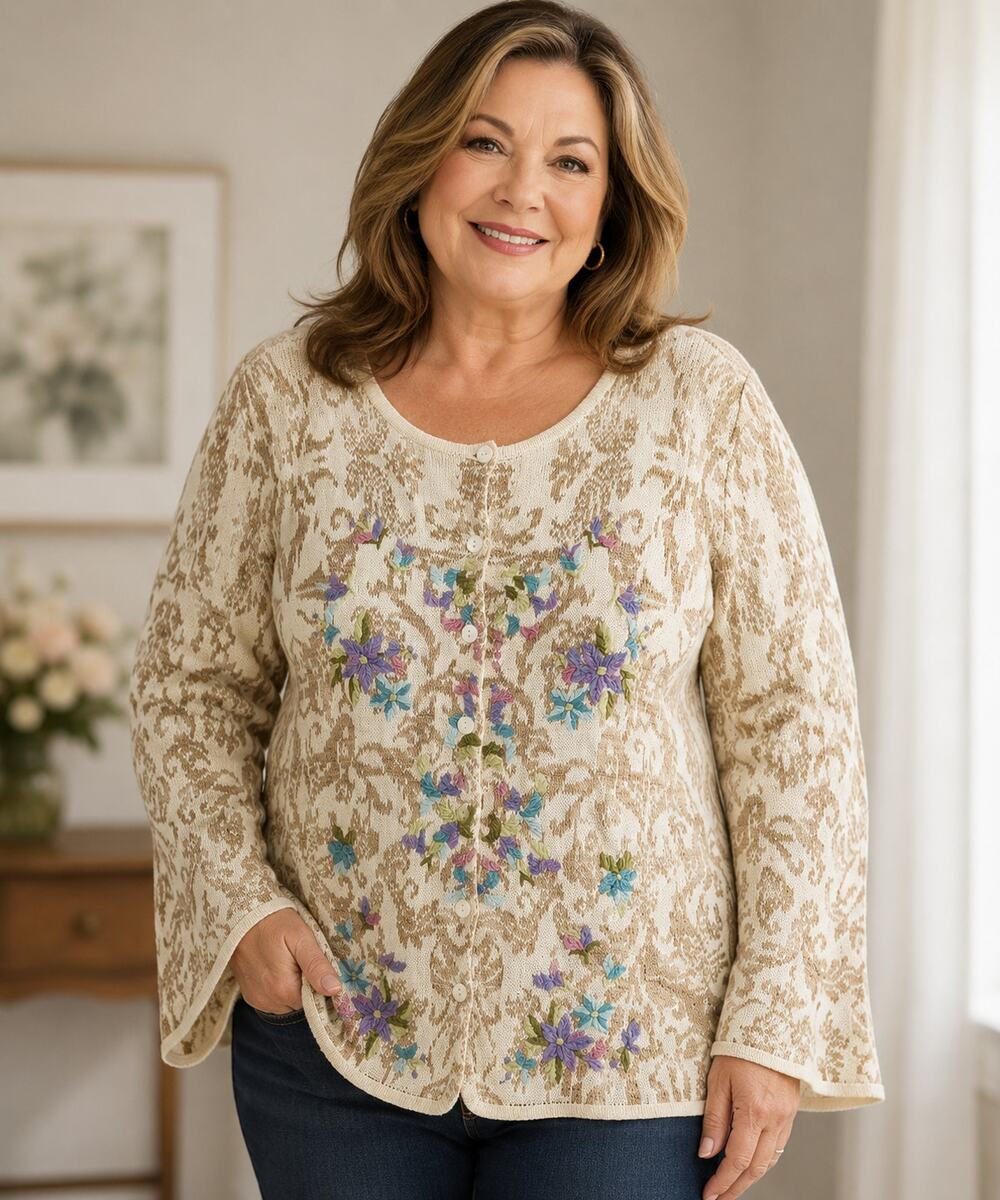 Coldwater Creek Women's SZ 3X Damask-Patterned Floral Embroidered Cardigan